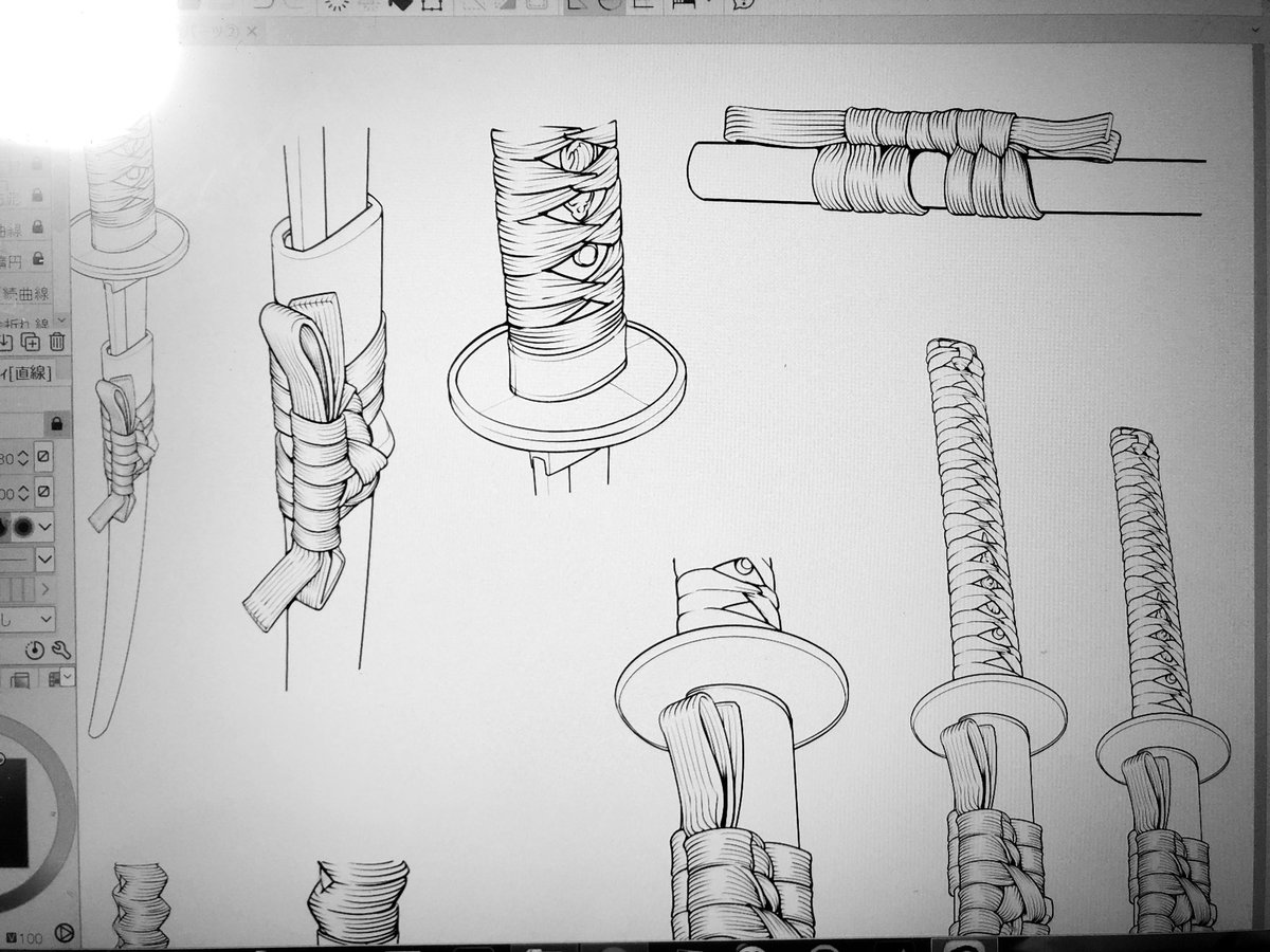 吉村拓也 イラスト講座 A Twitter 刀の描き方講座 の製作中 3月公開予定なのですが 線画が多すぎてまとめるのが大変だけど描くのが楽しい 刀をカッコよく描いてみたい って人には最高の講座になると思うのでお楽しみに 日本刀の正確な描き