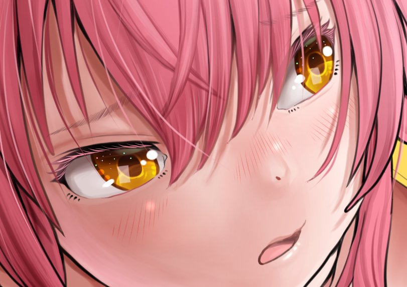 jougasaki mika 1girl pink hair solo blush close-up yellow eyes hair between eyes  illustration images