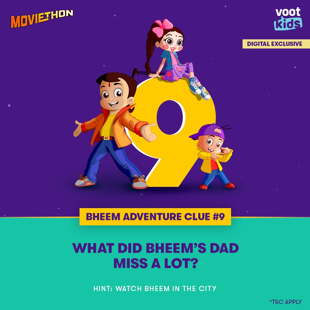 #ContestAlert 😋Join Bheem in his adventurous reunion with his dad.🐒 Answer clue #9, stay tuned for the next and stand a chance to win prizes up to Rs. 2000. Watch the #VootKidsMoviethon with 21 #DigitalExclusive #BheemSpecial movies now!