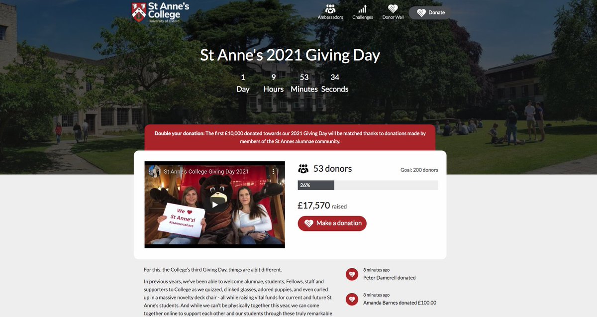 We're wishing the team from <a href="/StAnnesCollege/">St Anne's College</a> all the best for their 3rd Giving Day 🎉 🎉 ❤️ 🖤 🎉 🎉  

Check out their day here ➡️ st-annesgivingday.hubbub.net

#givingday #stannersshare #oxbridge #virtualfundraising