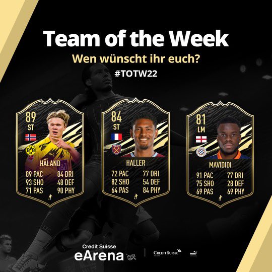 Wer packt es heute Abend ins neue #TOTW21? Wir haben unsere drei Vorschläge festgehalten: @ErlingHaaland 🇳🇴, @HallerSeb 🇫🇷, @SMavididi9 🏴󠁧󠁢󠁥󠁮󠁧󠁿. 
•
•
#CreditSuisseEArena #CSeCup #CSX #FIFA21 #eSports #TOTW #SwissEFootball