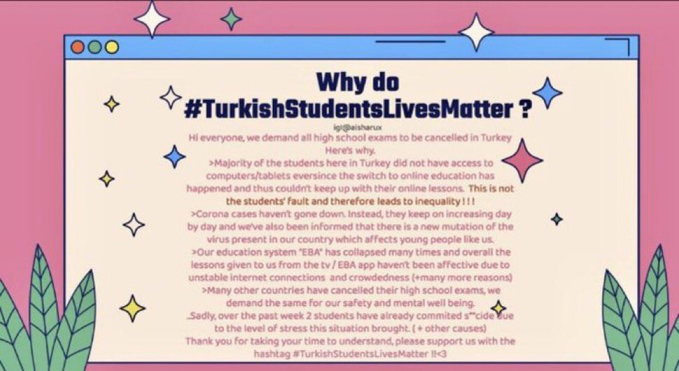 Luluxxy_'s tweet photo. The Turkish government is forcing us highschool students to take exams under unequal conditions
Please share this and support our hashtag #TurkishStudentsLivesMatter https://t.co/PCp9LxFSHU