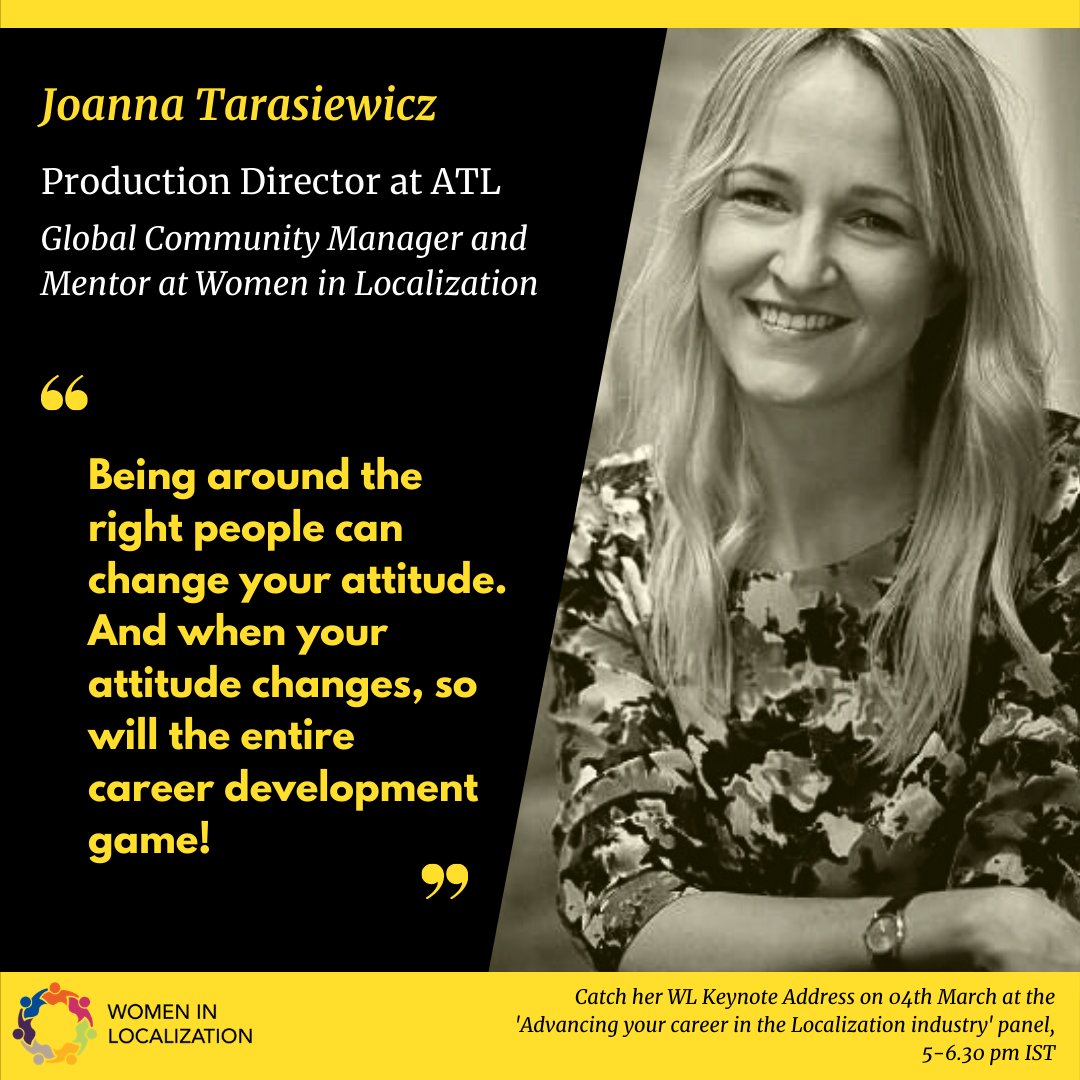 WL10india's tweet photo. Looking for inspiration in the localization industry? Feeling stuck as a Project Manager? Hear Joanna’s fantastic journey as she talks about career development & the power of mentors.
Register for the #WLevent here: https://t.co/aI4SLGGkRv
#careeradvancement #L10n
@jotarasie https://t.co/mNL0e0kzli