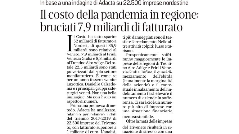 Indagine <a href="/adactaIT/">Adacta</a> su 22.500 #imprese #nordest | Il costo della #pandemia in #FVG: bruciati 7,9 miliardi di #fatturato via <a href="/il_piccolo/">Il Piccolo</a> <a href="/robertapaolini/">roberta paolini</a> #PerformanceCompany