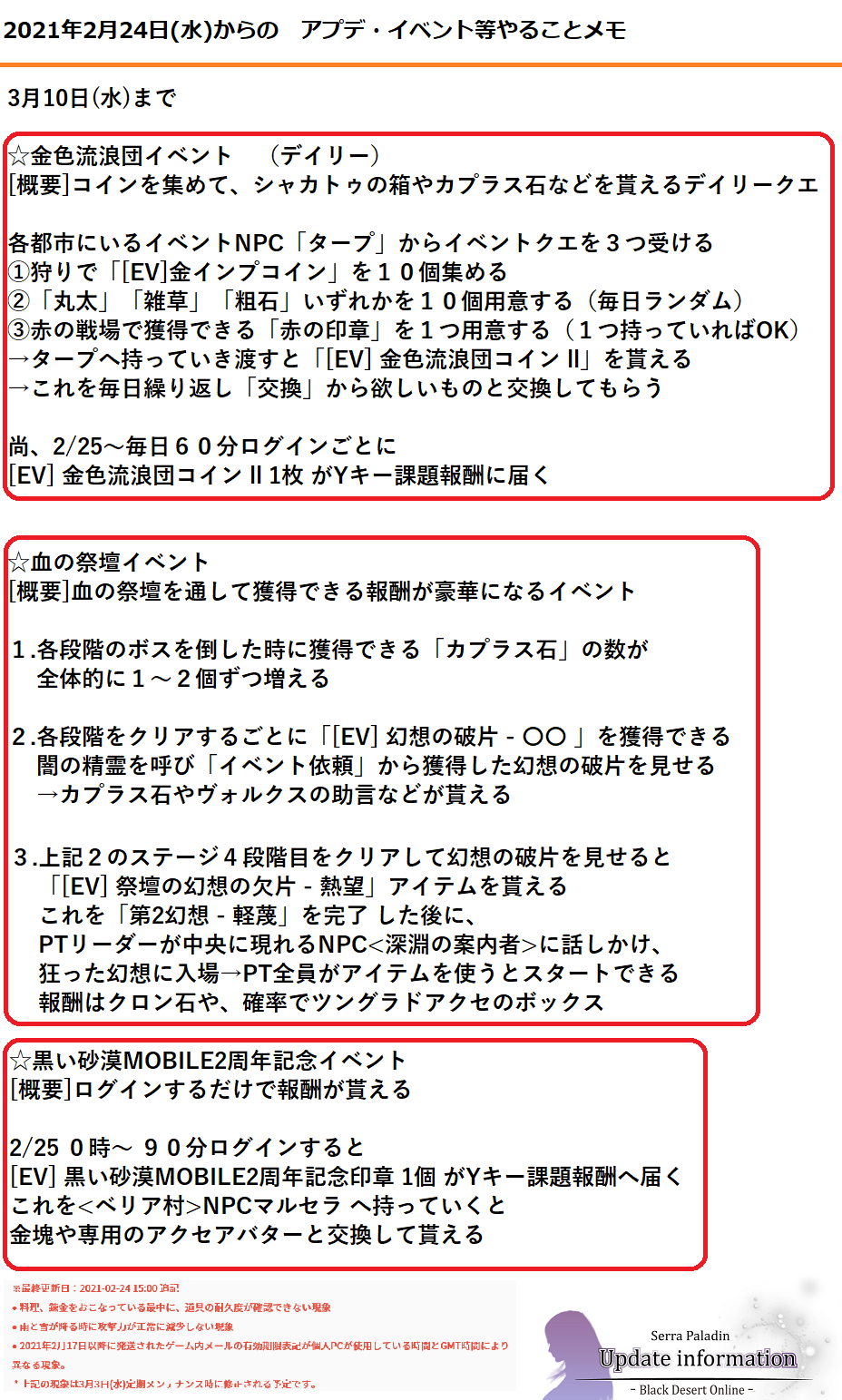 セラの聖騎士 黒い砂漠pc 2月24日からのイベントや仕様変更まとめ 色々確認してたら時間が無くなってしまったので 久しぶりに質素ｗ 前もツイートしたけど 3月3日以降マイレージの改編が予定されているので現在はどうしても必要なもの以外交換は保留して