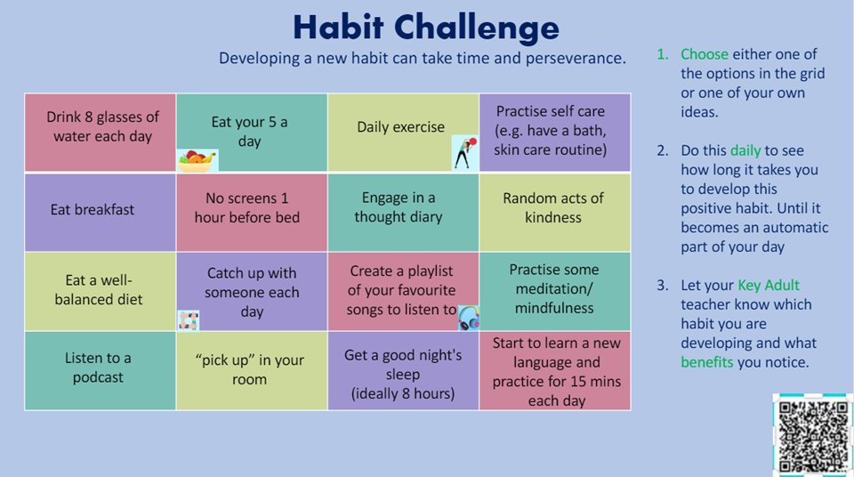 We have set our young people (and staff) a challenge for March to try to start a new habit that will benefit their mental health and wellbeing. Setting small goals makes this more achievable so we have offered some ideas to help get them started.  #talkingtogether <a href="/PortobelloHigh/">Portobello High Sch</a>