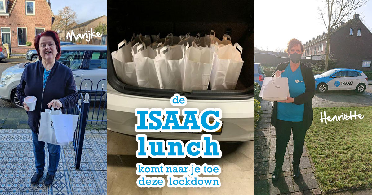 Eventjes niet zelf die boterhammen in je thuiskantoor smeren, want de ISAAC lunch komt naar je toe! Collega's Marijke en Henriëtte crosten vorige week kriskras door de regio om iedereen te voorzien van een vertrouwde ISAAC lunch. Wat een verrassing!