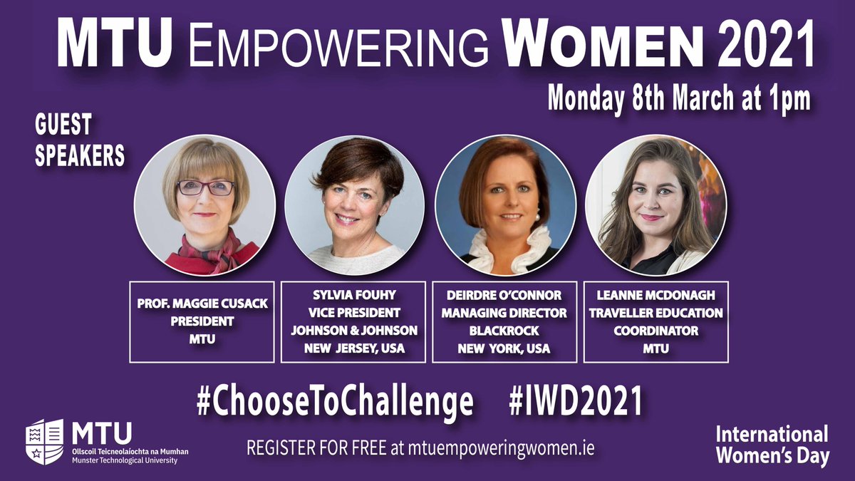 On March 8th we are hosting #MTUEmpoweringWomen 2021 in celebration of our 1st International Women's Day as a new university. Register for free at https://t.co/26Bc7zaa9i 💫💃🤸♀️🎉🥳
@womensday #IWD2021 #ChooseToChallenge #MTUInnovates @MTU_ie #MTUInnovates @MTU_Cork @MTU_Kerry https://t.co/IdlXn41rIx