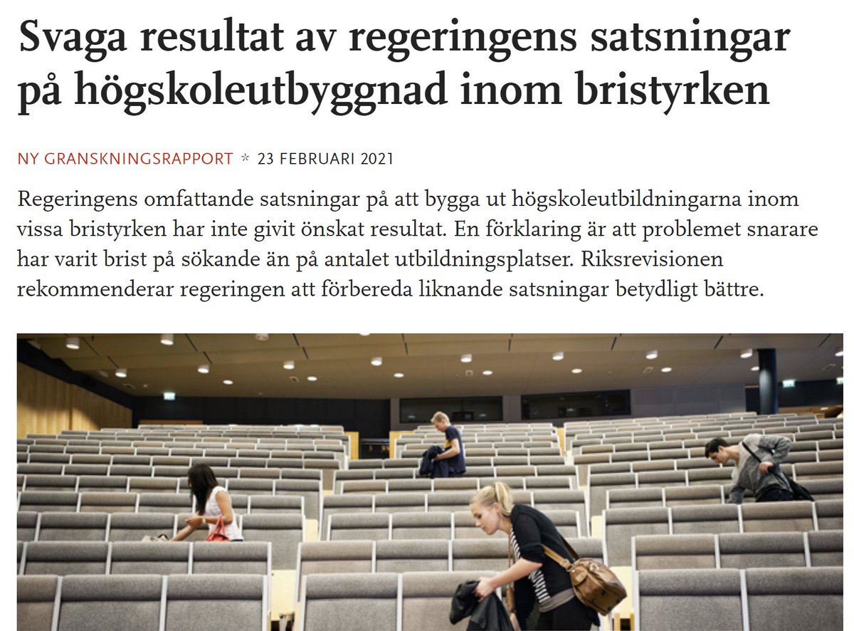 Regeringens högskolesatsning inom bristyrken, bl.a. ingenjör, har inte givit önskat resultat. En förklaring är brist på sökande, enligt <a href="/Riksrevisionen/">Riksrevisionen</a>. <a href="/Teknikspranget/">Tekniksprånget</a> inspirerar unga att söka en högre teknisk utbildning. 8 av 10 vill bli ingenjör efter praktiken. #svpol