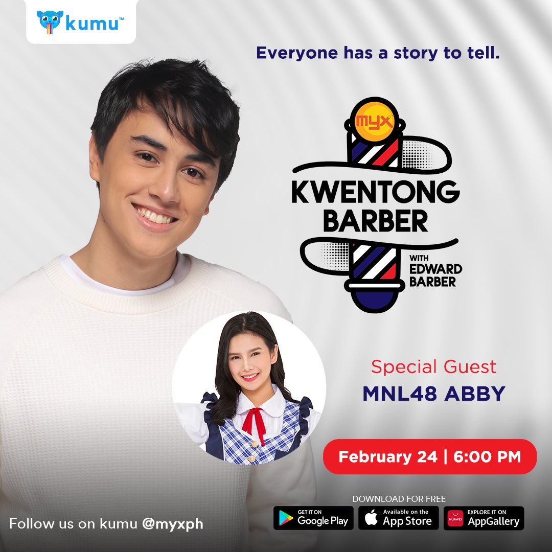 MayWardBOHASOLO's tweet photo. Joining Edward Barber @Barber_Edward_ on Kwentong Barber this week is MNL48’s Third Generation Center Girl Abby! Kasama kayo sa kwentuhan LIVE mamayang 6pm sa MYX official kumu account!

KWENTONG BARBER EP3

#MayWard 
@maymayentrata07 @Barber_Edward_ https://t.co/uuhxqGSPat
