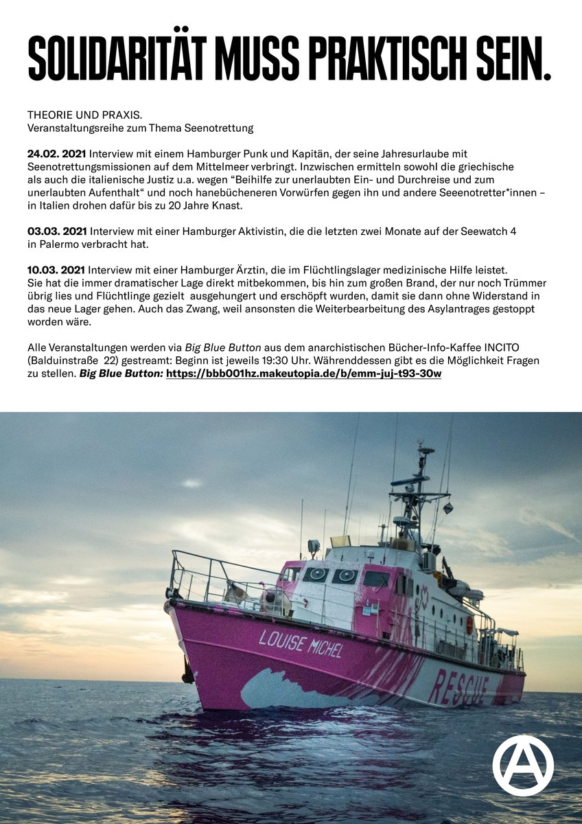 BlackMosqCrew's tweet image. Solidarität muss praktisch sein!

Online-Veranstaltungsreihe vom anarchistischen Raum Incito zum Thema #Seenotrettung!

Heute Abend geht es um 19:30 los:

bbb001hz.makeutopia.de/b/emm-juj-t93-…