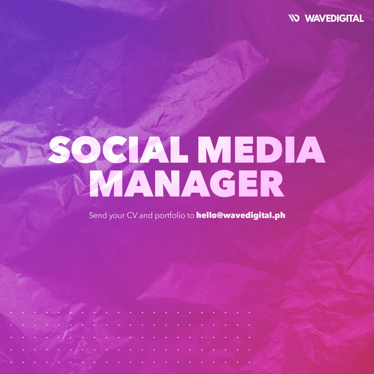 WaveDigital (@wavedigitalph) on Twitter photo Our team is growing! We need more people to join the party! 🎉🙌🏻
📍Office is in Parañaque but has WFH option depending on the physical meeting / production schedules 👩🏻💻👨🏻💻
Please send your portfolio to hello@wavedigital.ph and indicate "Application | (Position)” on the subject Our team is growing! We need more people to join the party! 🎉🙌🏻
📍Office is in Parañaque but has WFH option depending on the physical meeting / production schedules 👩🏻💻👨🏻💻
Please send your portfolio to hello@wavedigital.ph and indicate "Application | (Position)” on the subject