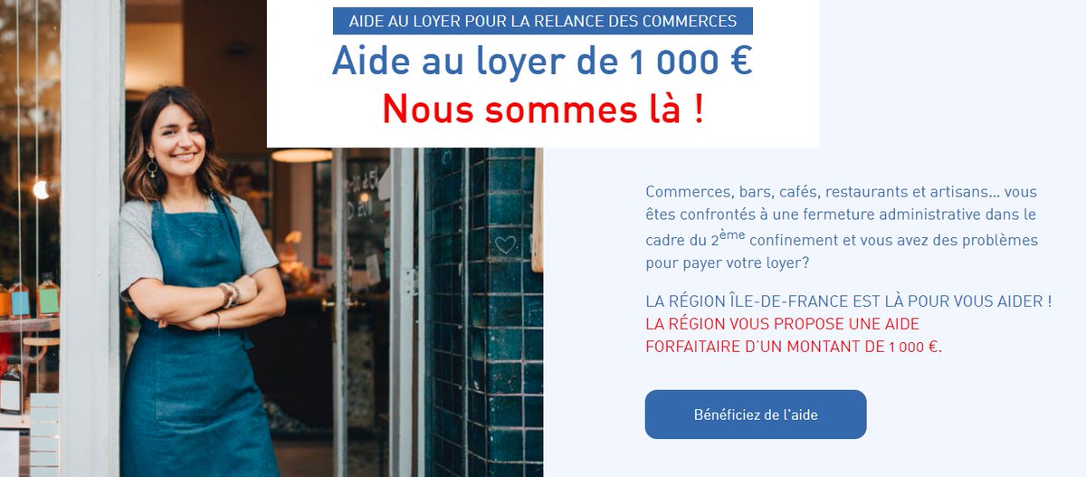 iledefrance's tweet photo. 🔵 La #RégionIDF propose une aide de 1.000 € pour les #commerces, #bars, #cafés, #restaurants et #artisans confrontés à une fermeture administrative en novembre 2020 et ayant dû s'acquitter d'un loyer ce mois-là

👉 Bénéficiez de l'aide ici ⬇️
https://t.co/4mPUD4JCnJ https://t.co/dfJOjAERjM