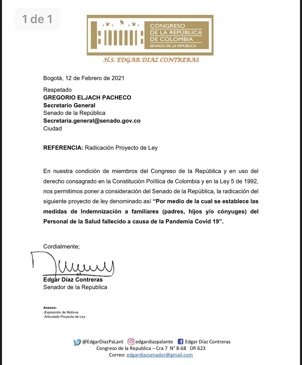 EdgarDiazPaLant's tweet photo. Es importante retribuir los sacrificios y esfuerzos realizados por el personal de la salud en esta pandemia por eso he radicado el Proyecto de Ley 394/2021 que busca indemnizar y resarcir el daño moral a familiares del personal de la salud que han fallecido a causa del covid 19 https://t.co/LY5RWFaCEG