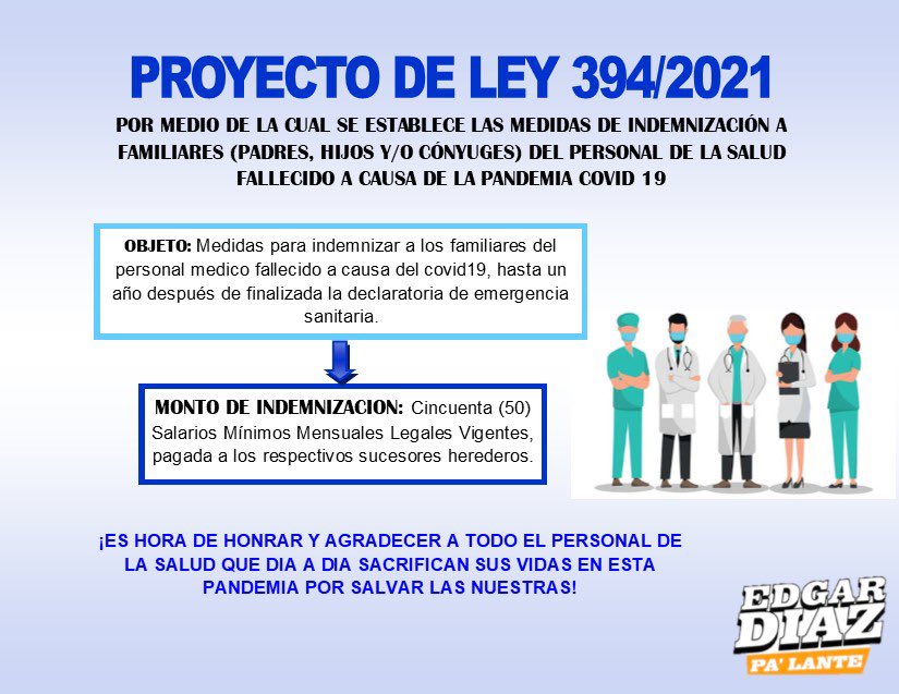 EdgarDiazPaLant's tweet photo. Es importante retribuir los sacrificios y esfuerzos realizados por el personal de la salud en esta pandemia por eso he radicado el Proyecto de Ley 394/2021 que busca indemnizar y resarcir el daño moral a familiares del personal de la salud que han fallecido a causa del covid 19 https://t.co/LY5RWFaCEG