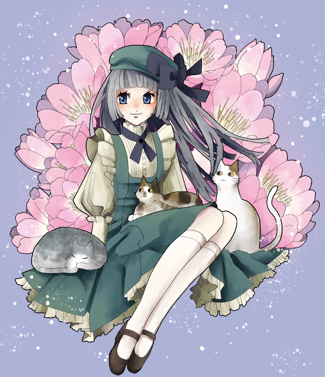 猫の日 にゃんにゃんにゃんの日 梅の花と女の子と猫様 プロクリエイトで描き 中山 初夏 お洋服とお絵描きのイラスト