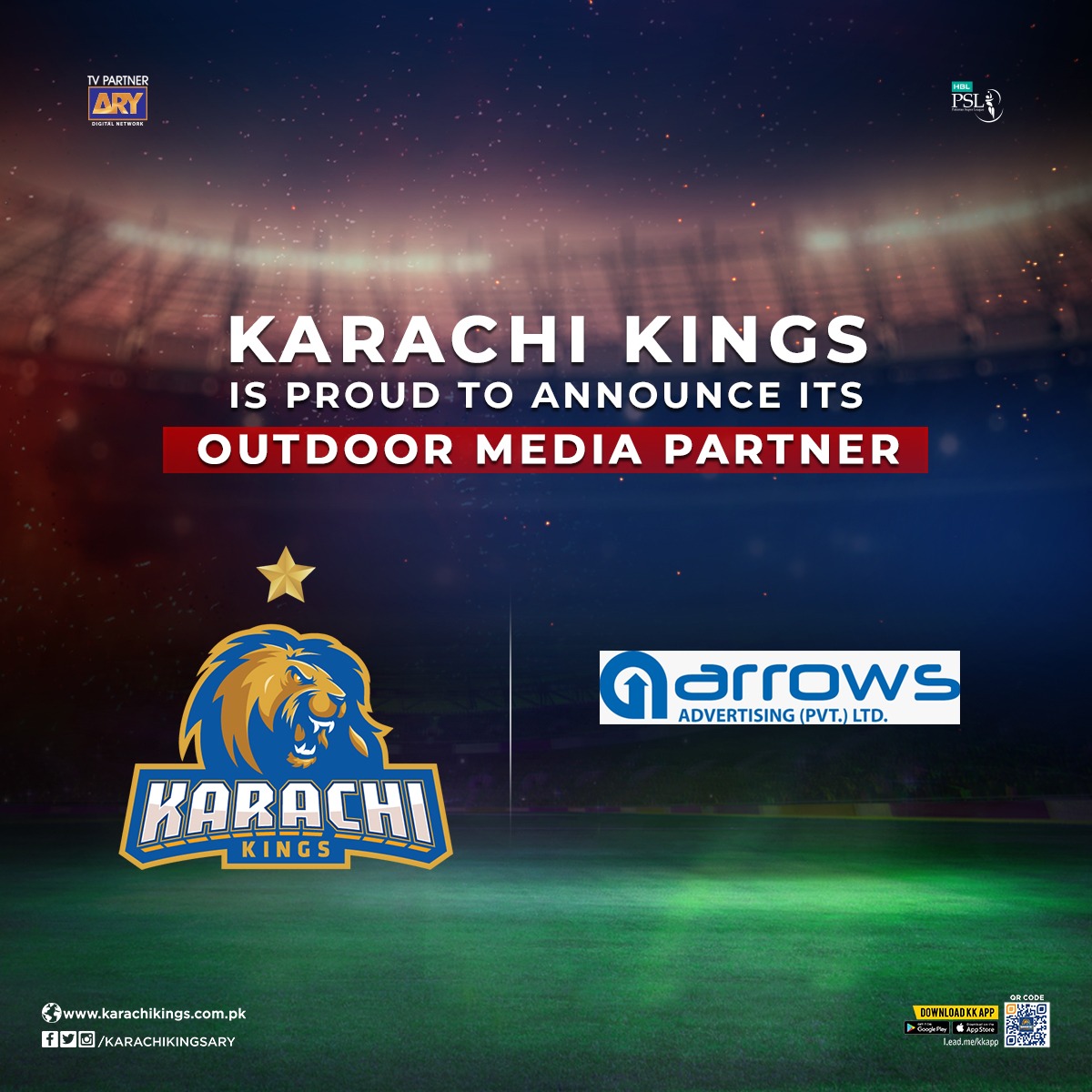 KarachiKingsARY's tweet photo. We are proud to announce Arrows Advertising (PVT) Ltd. as 'Outdoor Media Partner' of Karachi Kings for the 6th Edition of #HBLPSL
#KarachiKings #YehHaiKarachi #ChampionsKaKarachi #ArrowsAdvertising #OutdoorMediaPartner https://t.co/uvFf3eRYFg