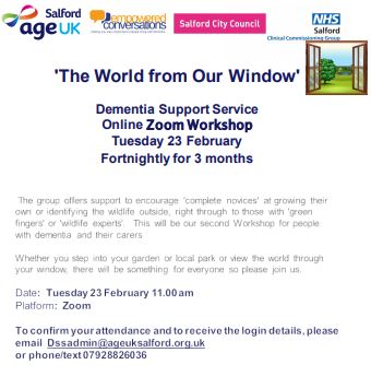 AgeUKSalford's tweet image. Join us tomorrow - Tuesday 23rd February at 11.00 for 'Window to the World' to chat about the great outdoors, nature and gardening - this session will look at sowing seeds. Suitable for those living with dementia and carers @AgeukDSS @emP_Convos #Salford
bit.ly/2Pt8WhG
