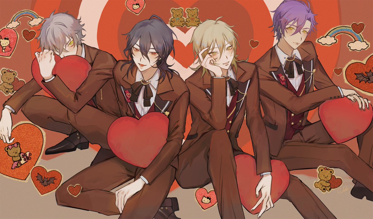 multiple boys male focus heart yellow eyes purple hair blonde hair heart pillow  illustration images