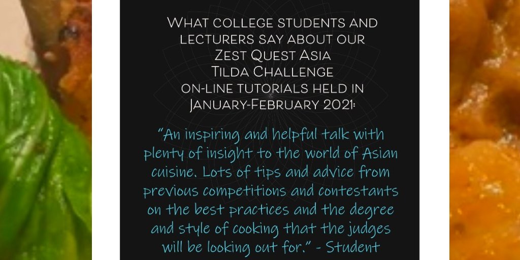 Sharing some inspiring feedback from a student who attended our #ZestQuestAsiaTildaChallenge voyage of discovery on-line tutorials. Remember, you still have till this Wednesday, 24 Feb to get your entries in! 
zestquestasia.org <a href="/TildaChef/">Tilda Chef</a> <a href="/MurrayKC/">Murray Chapman</a> <a href="/chefcyrustodiw1/">chefcyrustodiwala</a>