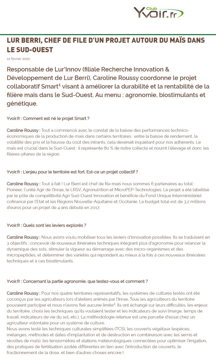 lurberri's tweet photo. 📰 VU DANS LA PRESSE 📰 Belle interview de Caroline Roussy - Responsable Lur'Innov, filiale de Lur Berri, 🌽 sur le projet collaboratif SMART ! 😉 Merci https://t.co/DYmMNT5Ce9 ⬇ @AgriSOI @INRAE_France @CortevaFR @AGRONUTRITION @Bpifrance @NvelleAquitaine @Occitanie https://t.co/xEvQprodiT