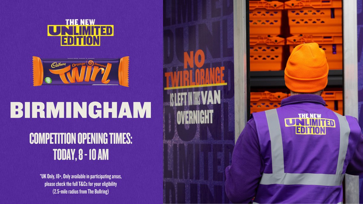 CadburyUK's tweet photo. Do we have any Twirl Orange fans in Birmingham? Let us know by Tweeting @CadburyUK with #TwirlOrangeUnlimitedBirmingham &amp; you could be in for a treat TODAY with a Twirl Orange right to your doorstep. It is hump day after all! T&amp;Cs https://t.co/3iaoPiPRTQ https://t.co/0igUmIyurN