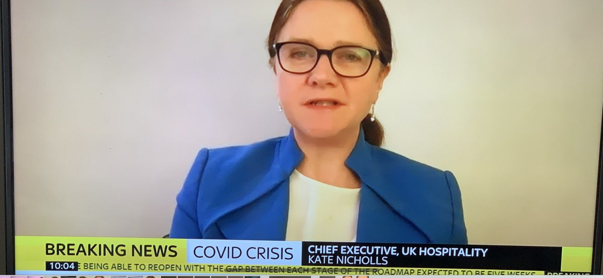 CEO <a href="/UKHofficial/">UKHospitality</a> <a href="/UKHospKate/">Kate Nicholls OBE</a>  <a href="/SkyNews/">Sky News</a> points out consequences if hospitality restrictions are not fully lifted. Only 1 in 5 businesses have sufficient cash to see them through March, industry losing £1/2 billion a month during closure <a href="/seatat_thetable/">Seat at the Table</a> <a href="/Caterertweets/">The Caterer</a> @HandCNews