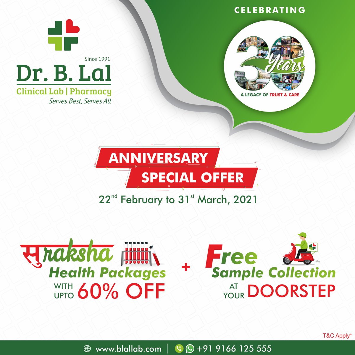 blalclinicallab's tweet photo. On our 30th Anniversary we are offering:
• Upto 60% Discount on Suraksha Health Packages
• Free sample collection at your doorstep
• Free Diet & Report Consultation
Book Now: https://t.co/ScVRIFA7zx
#Discountsonsurakshahealthpackages #Jaipur #Rajasthan
#DrBLalLab #DBCL https://t.co/YiOARMSJOJ