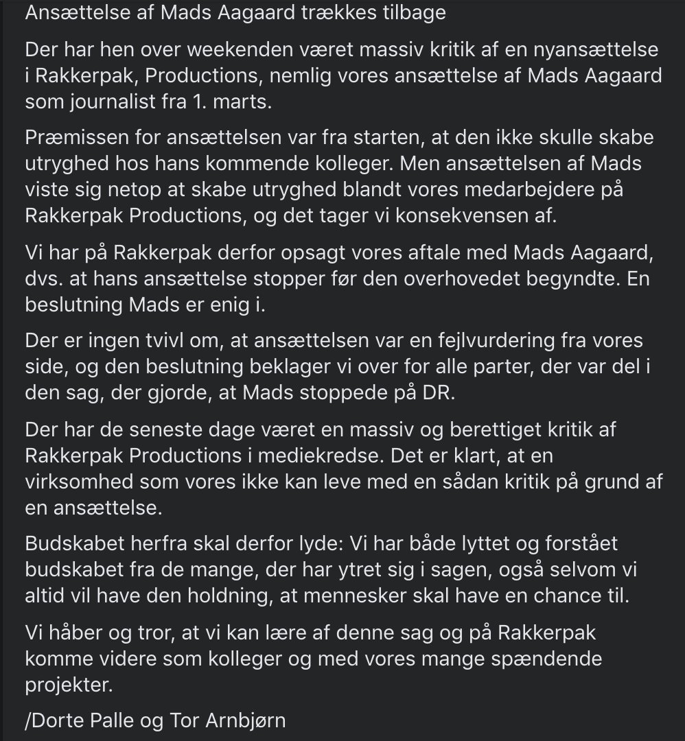TorArnbjorn's tweet photo. Jeg er super ked af den utryghed vores beslutning i @RakkerpakP om at ansætte Mads Aagaard har skabt, både internt og overfor de mennesker der var part i den sag han havde i DR. Vi har lyttet til kritikken og trukket ansættelsen tilbage. Det var en fejlvurdering, som vi beklager https://t.co/jsMNtcROp1