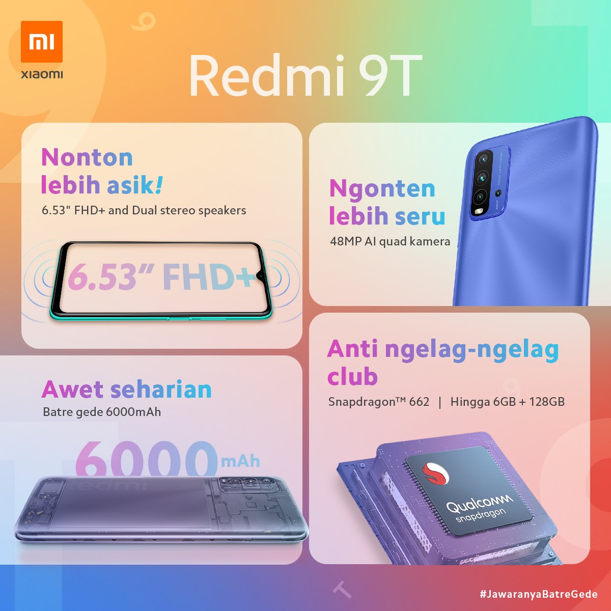 [Giveaway] Welcoming #Redmi9T, the new #JawaranyaBatreGede! Starting at Rp. 1.89 juta!

To win a #Redmi9T:
1. RT>500, tag 3 friends
2. Ask them to follow <a href="/atytse/">Alvin T</a> &amp; <a href="/XiaomiIndonesia/">Xiaomi Indonesia</a>
3. Comment why #Redmi9T is a great member of #GengJawara

Good luck 🔥🔥 Specs below in next tweet