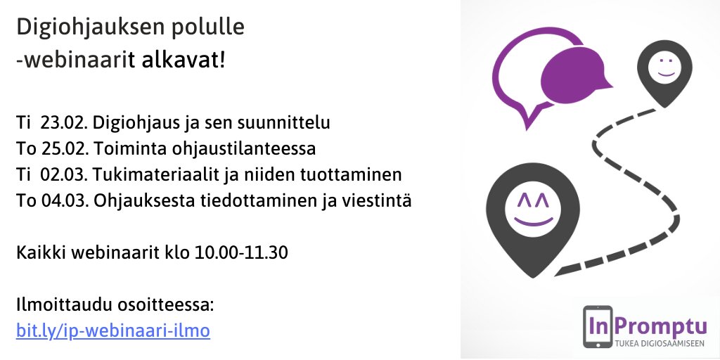 Digiohjauksen polulle -webinaarit alkavat huomenna, vielä ehdit mukaan! bit.ly/ip-webinaari-i…
<a href="/tiekery/">TIEKE</a> <a href="/hetyfi/">Helsingin Työkanava HeTy Ry</a> @TaikojaHanke 
#digituki #digiosaaminen #perustaidot #ESRtaito