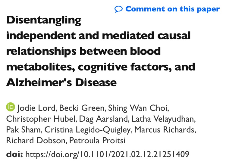 Morning! On day 635272 of pandemic life, how about giving our new preprint a read?☺️ We used #PRS to screen for metabolites with genetic relevance to #AD, then #MR to interrogate causal relationships &amp; disentangle possible mediation with cognition factors. Feedback appreciated!🙏🏻