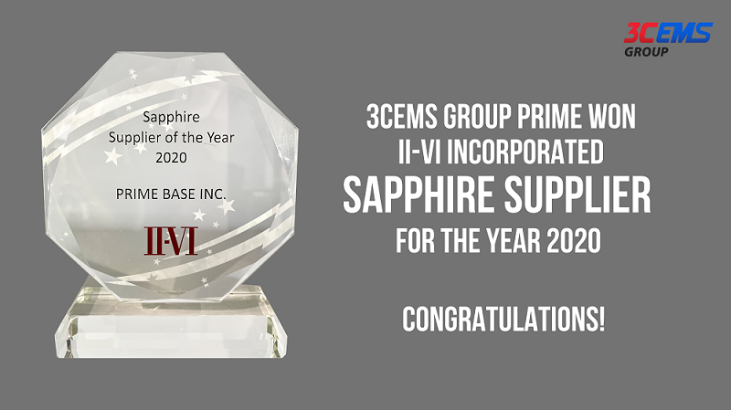 3CEMSGroup's tweet photo. @iiviinc II-VI Incorporated has recognized #3CEMSGroup #PrimeBase with the Sapphire Supplier of the Year 2020 for their outstanding performance in 2020. Congratulations! https://t.co/vbDHNgsvGp