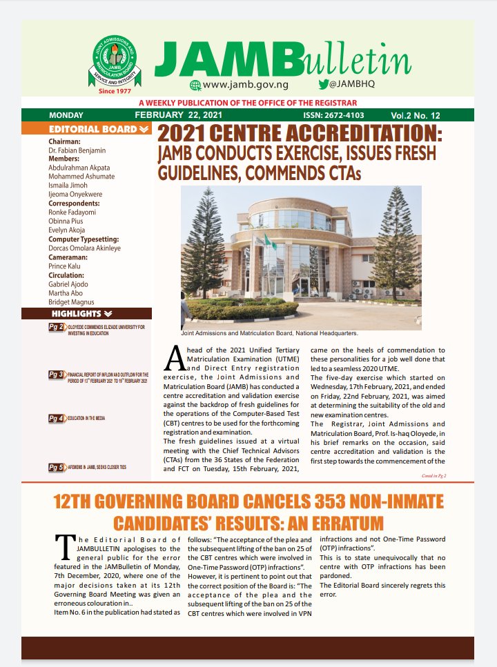 UNILORIN893FM's tweet photo. Front Page of #JAMBulletin for this week.

#JAMB
#EnhancingAcademicExcellence https://t.co/lwjUYHi3qp