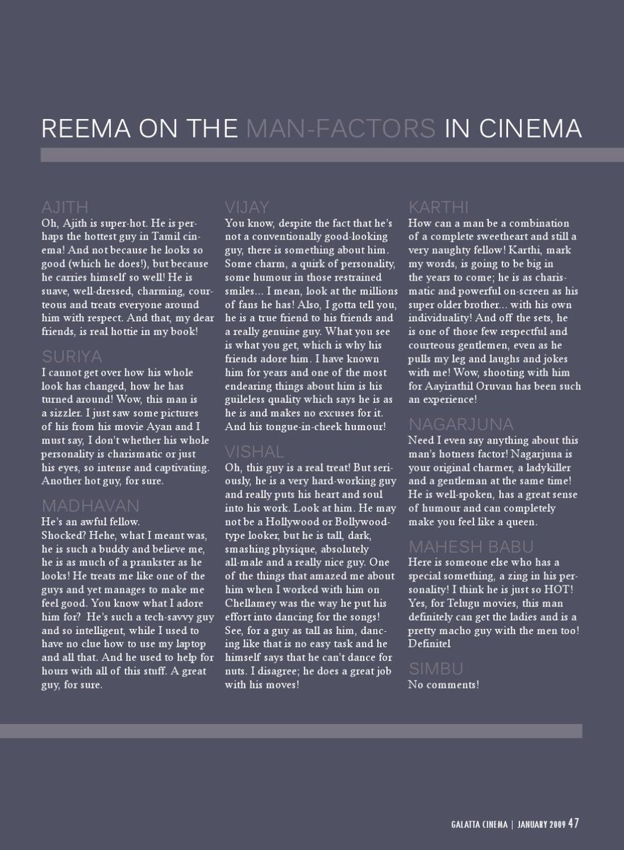 #ReemaSen about @Suriya_offl (Galatta Cinema Magazine Jan 2009).

#SooraraiPottru #Suriya40