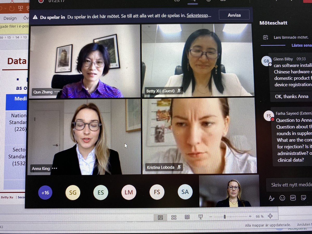 AnnaRiby's tweet photo. Q&amp;A session @SwecareSweden webinar on China regulatory process and role of standardization for medtech Qun Zhang, Aneheim Consulting moderating and Anna King, CISEMA, Kristina Loboda, @svenskstandard and Betty Xu, Sesec answering https://t.co/Wub1d8gbFd