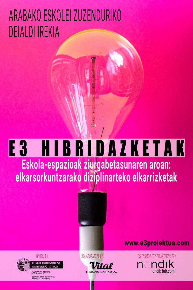 Arabako eskolei zuzenduriko DEIALDI IREKIA: E3 Hibridazketak proiektuan parte-hartu nahi duten HIRU ESKOLA bilatzen ditugu. Izen-ematea zabalik da otsailaren 26 arte!
>Izen-ematea: labur.eus/E3Eskolak
>Oinarriak: labur.eus/E3oinarriak_es…