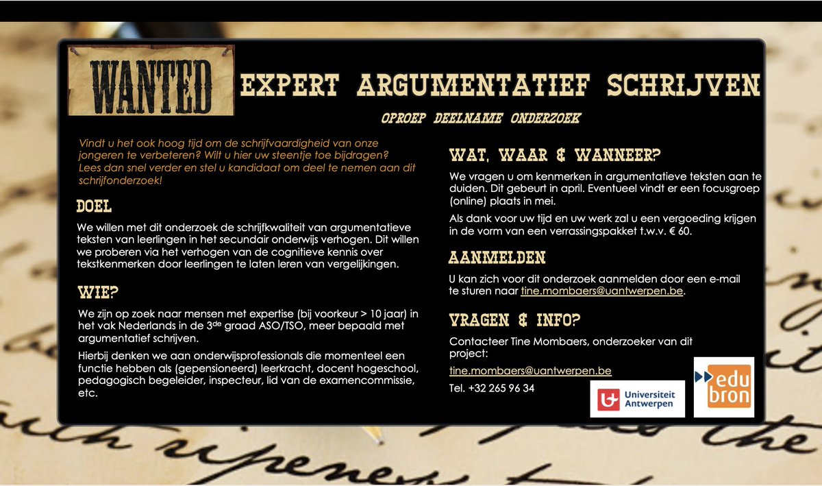 Experts gezocht voor mijn doctoraatsonderzoek! 
Please retweet. 🙏🙏🙏
#argumentatiefschrijven #lerenvanvergelijkingen #FWOproject
<a href="/EdubronUA/">Edubron</a> <a href="/UAfsw/">UniversityAntwerpFSW</a> <a href="/svawa/">Sven De Maeyer</a> <a href="/RoosVanGasse/">Roos Van Gasse</a>