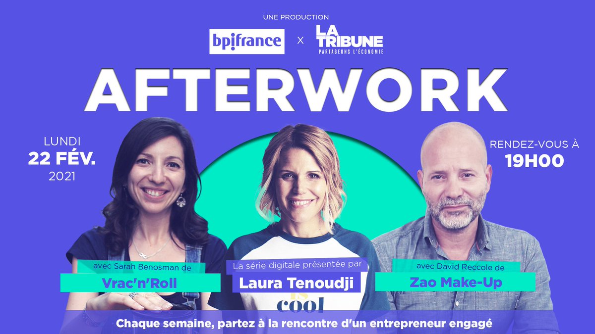 ⚡ RDV ce soir pour l'#AfterWork aux côtés de <a href="/lauratenoudji/">Laura Tenoudji</a> et des fondateurs de <a href="/vracnroll/">Vrac'n Roll</a> et <a href="/zao_makeup/">Zao Make-Up</a>
🎙️A voir en live à 19h sur instagram : instagram.com/lauratenoudji/…

👊En partenariat avec <a href="/Bpifrance/">Bpifrance</a>
#MondayMotivation #MondayMood