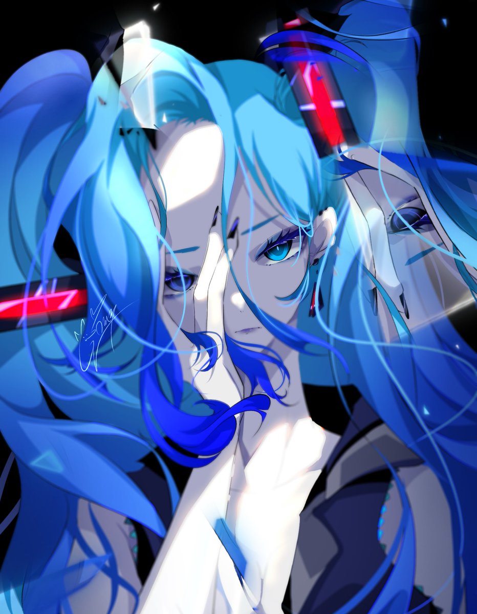 hatsune miku 1girl solo long hair blue hair blue eyes black background looking at viewer  illustration images