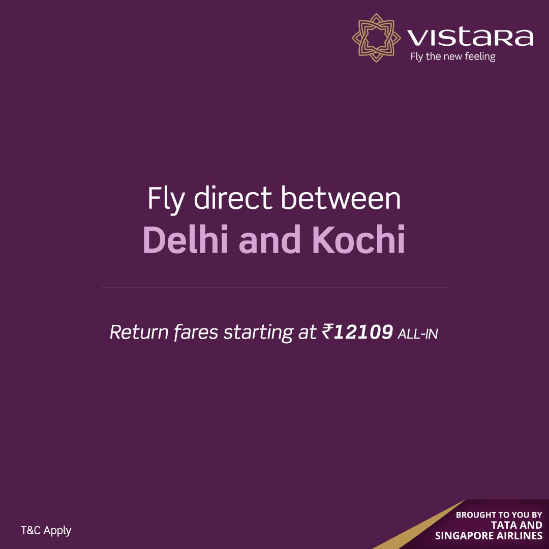 Go straight from Delhi's hustle bustle to the unmatched calmness of the Kochi backwaters. Fly direct between Kochi and Delhi on India’s Best Airline with all-inclusive return fares starting at INR 12109 all-in. Book now: bit.ly/37DPKHg

#FlyHigher #KochiOnVistara