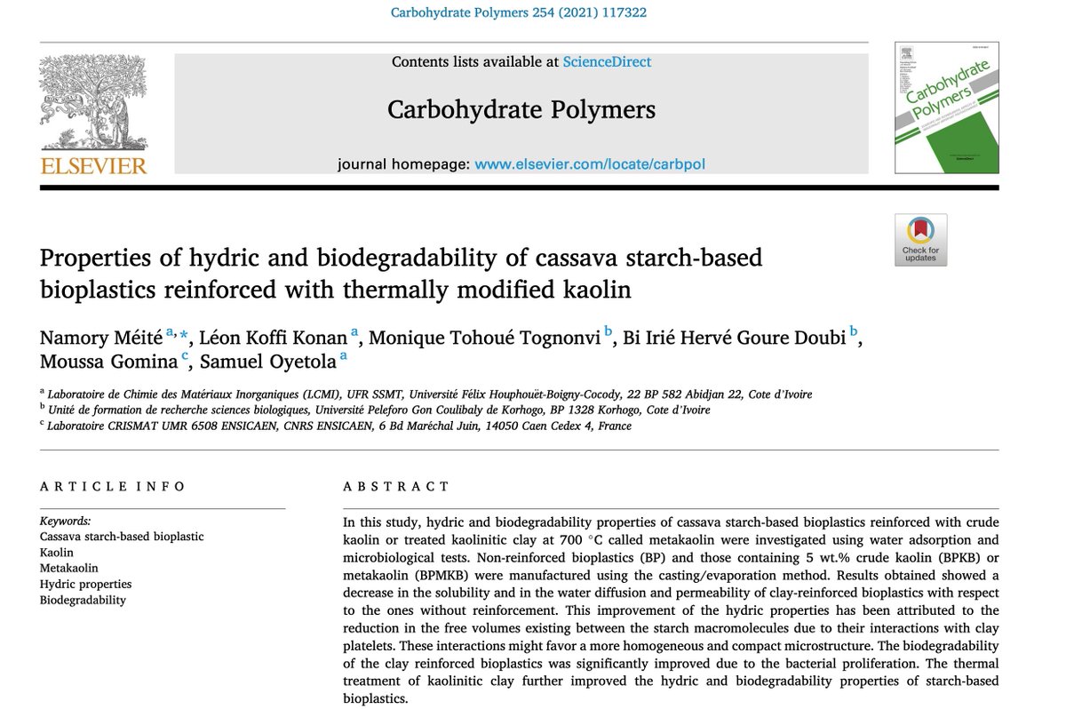 CRISMAT_CNRS's tweet photo. @CRISMAT_CNRS studies the #hydric and #biodegradability properties of cassava starch-based #bioplastics

📘DOI: https://t.co/ofaGtu0zyv

#UFHB_Abidjan #UPGC_Korhogo @CNRS @ENSICAEN @normandieuniv @Carnot_ESP @CNRS_Normandie @Universite_Caen @INC_CNRS @Reseau_Carnot https://t.co/VUo0HcNslK