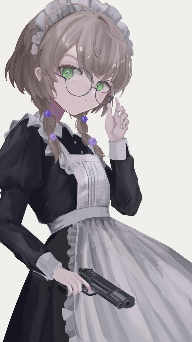 1girl solo green eyes glasses maid headdress brown hair maid  illustration images
