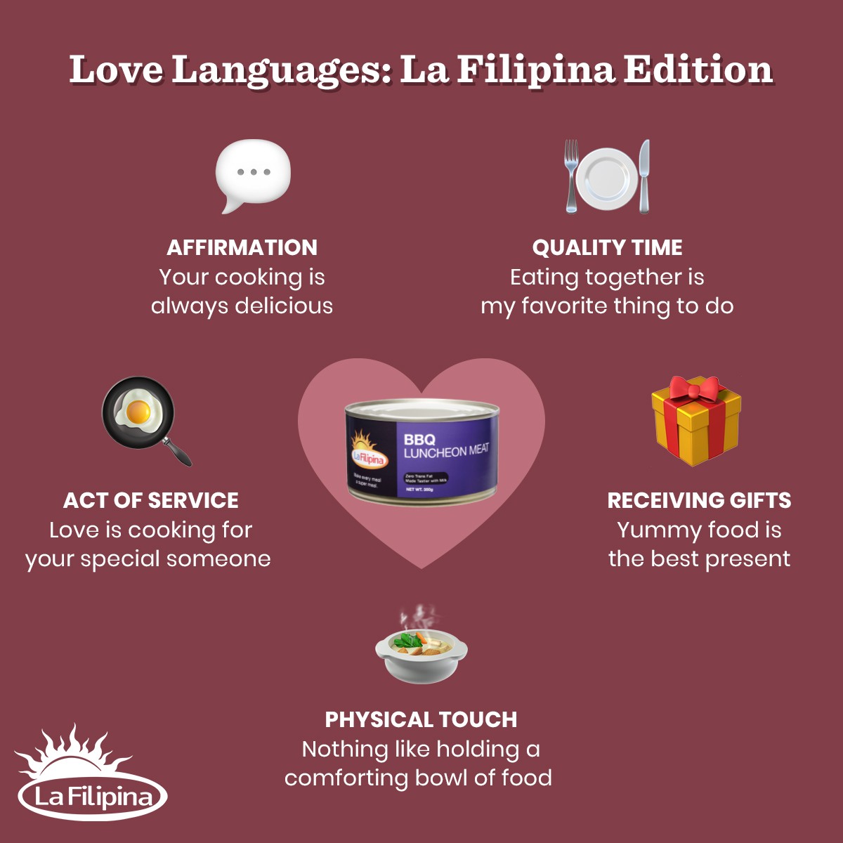 LaFilipinaPH's tweet photo. We’re getting ready to say goodbye to February, but we’re inspired to feel the love all year long! Share the care today with these La Filipina Love Languages.
Let us know which one you relate to the most, and share it in the comments! #LaFilipina #LoveLanguages https://t.co/3Vd4RSpuQ3