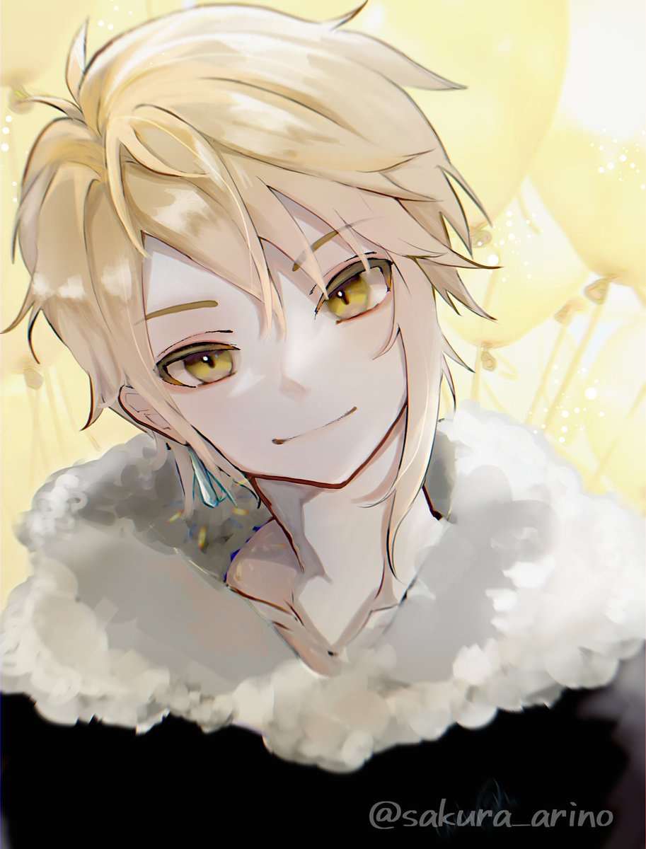 1boy male focus blonde hair solo yellow eyes smile earrings  illustration images