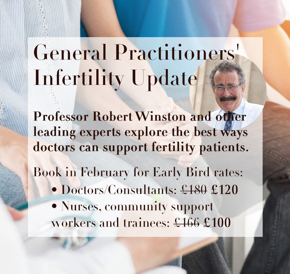 General Practitioners' Infertility Update Online meeting, 29 April Chair: @ProfRWinston Book now for Early Bird rates (£120/£100) at symposia.org.uk/courses/genera… Please retweet @FabNHSStuff @GPonlinenews @TheDrMagazine @NextGGP @NASGP @theRCN @GPViewUK @RnFat @am_nhs @_natalie_r___