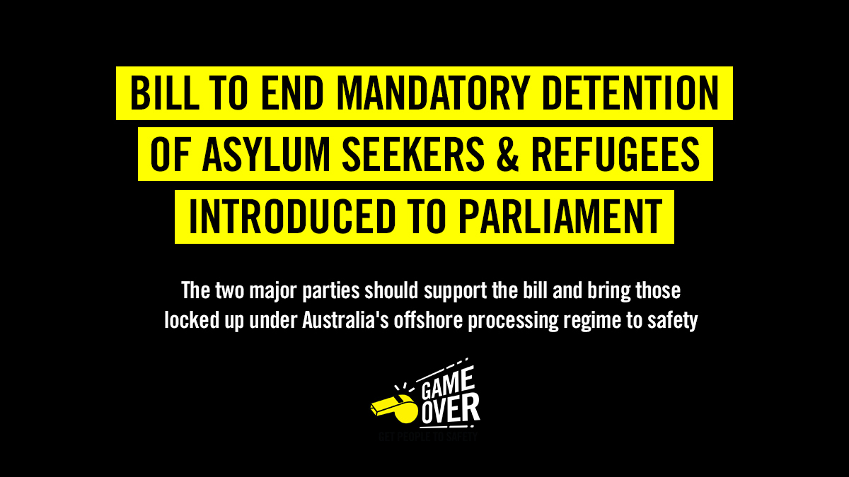 Amnesty International Australia 🕯 (@amnestyoz) on Twitter photo We welcome the bill introduced by <a href="/WilkieMP/">Andrew Wilkie MP</a> & backed by <a href="/zalisteggall/">🌏 Zali Steggall MP</a> to end the unlawful mandatory detention of asylum seekers & refugees. The two major parties should support the bill and bring those trapped by Australia's offshore processing regime to safety now. #GameOver We welcome the bill introduced by <a href="/WilkieMP/">Andrew Wilkie MP</a> & backed by <a href="/zalisteggall/">🌏 Zali Steggall MP</a> to end the unlawful mandatory detention of asylum seekers & refugees. The two major parties should support the bill and bring those trapped by Australia's offshore processing regime to safety now. #GameOver