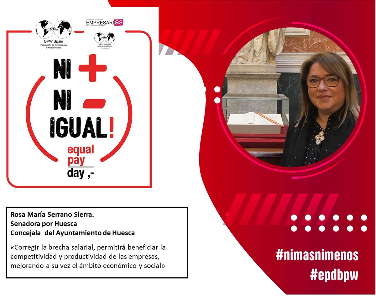 "Corregir la brecha salarial, permitirá beneficiar la competitividad y productividad de las empresas, mejorando a su vez el ámbito económico y social" <a href="/rmserranos/">Rosa María Serrano</a> <a href="/Senadoesp/">Senado de España</a> <a href="/aytohuesca/">Ayuntamiento de Huesca</a>  #nimasnimenos #epdbpw #IgualdadSalarial #somosbpw