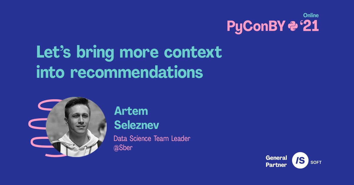 pyconby's tweet image. Aren&apos;t you tired of counting ratings in your recommendation systems yet? Let&apos;s take a step away from &quot;dry&quot; ratings &amp;amp; try to understand the surrounding contexts. In Artem&apos;s practice, adding context has helped increase conversions, but what will you get? 👉 by.pycon.org