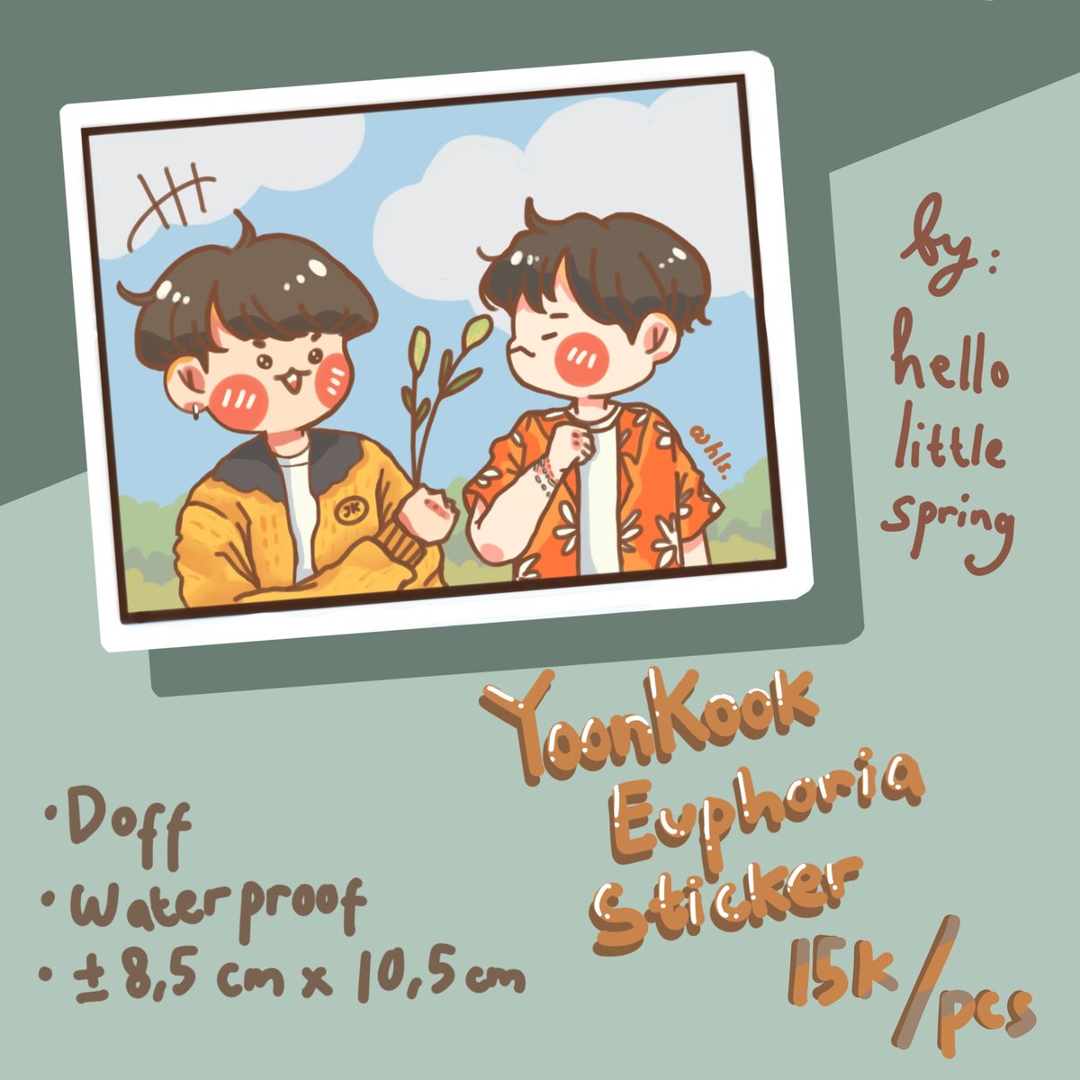 maySpringHappen's tweet photo. Pre-order 3-4 hari

[YoonKook Euphoria Sticker]
IDR 15k/pcs
___

Ukuran : +- 8,5 x 10,5 cm
___
Bahan: 
Vynil finishing doff 

Detail:
- Waterproof
- Kiss cut
___
DM us for order!

ps. if you like tgcf please let us know! we have something for you 🥰 https://t.co/RBofguCCnE